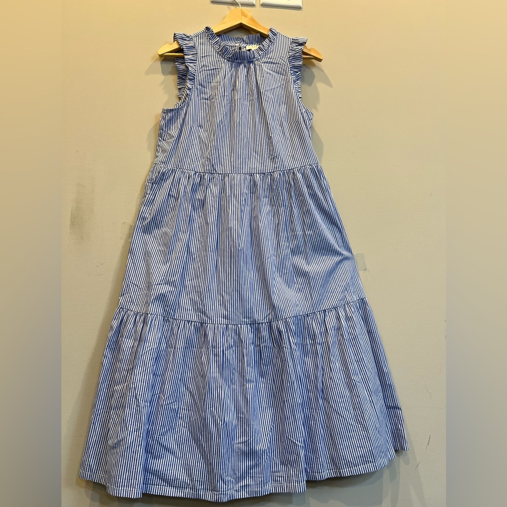 NWT J. Crew Cotton Tiered Blue White Striped  Ruffle Dress with Pockets Size 4